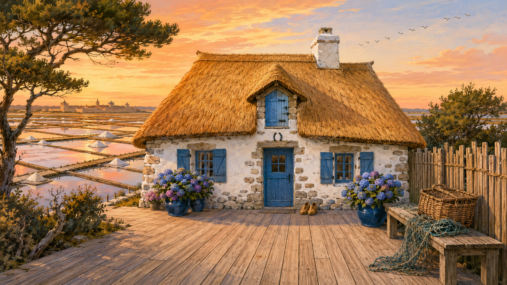 Illustration paysagère du dépôt avec terrasse en bois et clôture